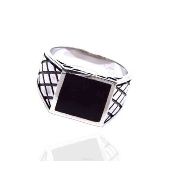 NSA|Silver ring 925 chevalier shield squared black diamond pattern