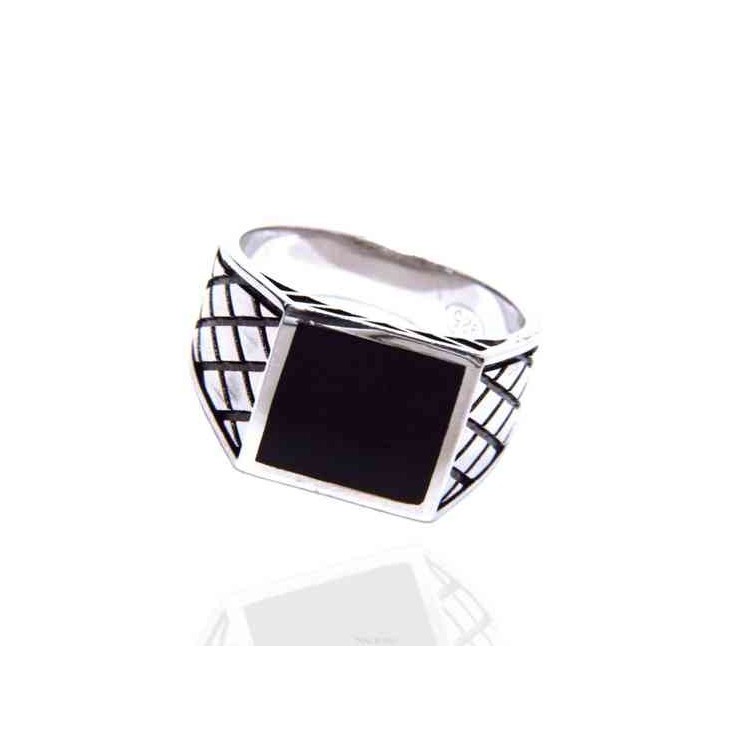 NSA|Silver ring 925 chevalier shield squared black diamond pattern