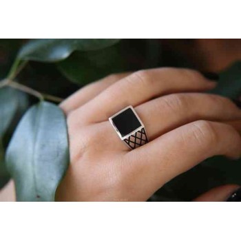 NSA|Silver ring 925 chevalier shield squared black diamond pattern