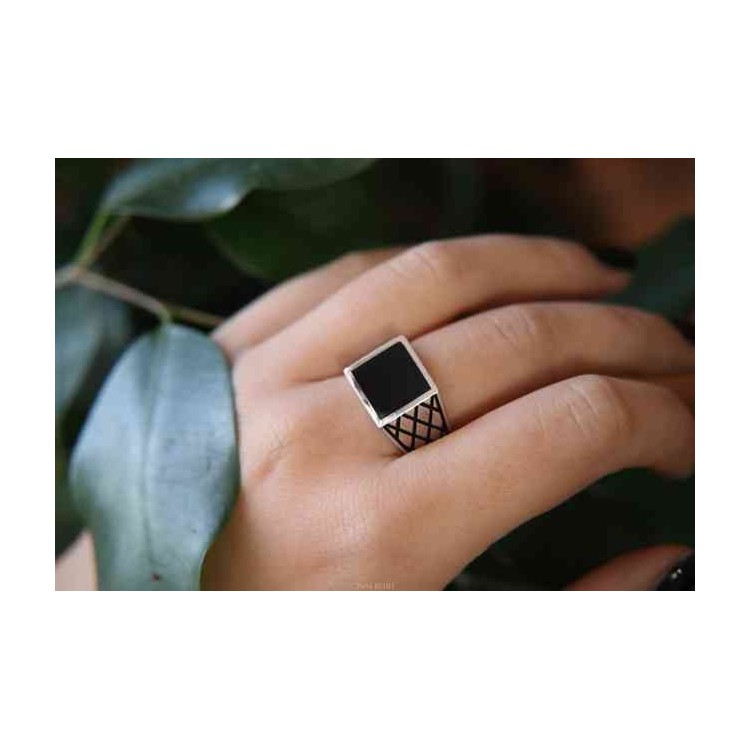 NSA|Silver ring 925 chevalier shield squared black diamond pattern