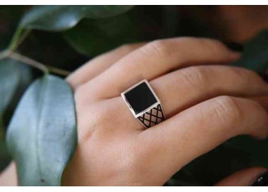 NSA|Silver ring 925 chevalier shield squared black diamond pattern