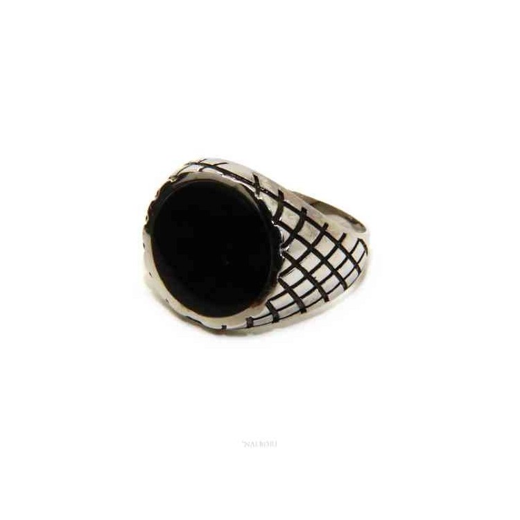NSA|Ring man chevalier shield round black 925 silver rhombuses