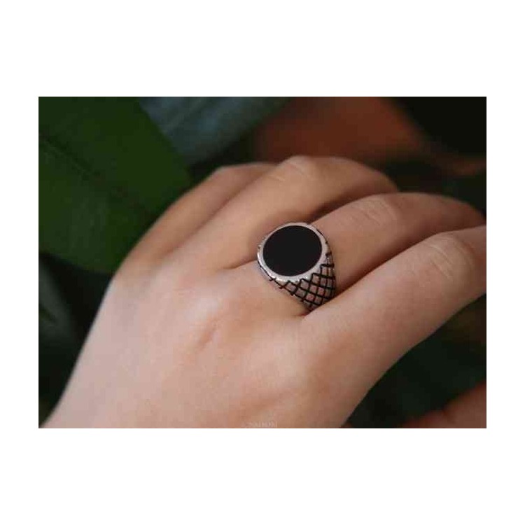 NSA|NALBORI Anello sigillo tondo nero Argento 925 rombi