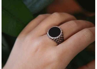 NSA|NALBORI Anello sigillo tondo nero Argento 925 rombi