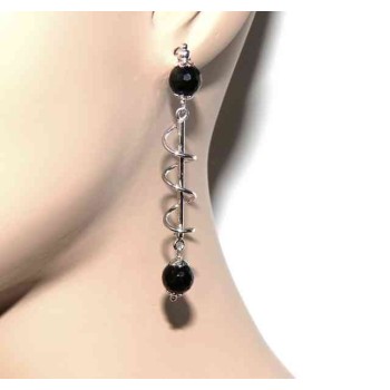 NSA|Long silver 925 woman earrings with spiral and black agate