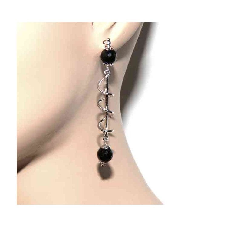 NSA|Long silver 925 woman earrings with spiral and black agate
