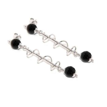 NSA|Long silver 925 woman earrings with spiral and black agate