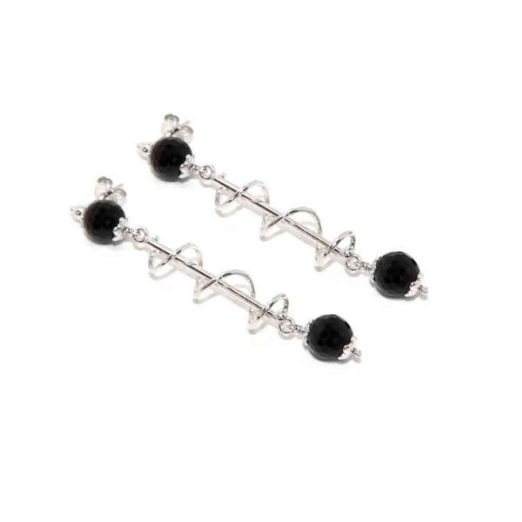 NSA|Long silver 925 woman earrings with spiral and black agate