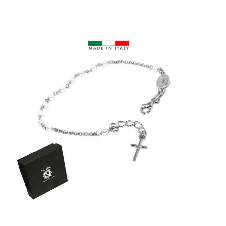 NSA|Rosary bracelet in 925 silver miraculous madonna and white beads