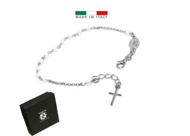 NSA|Bracciale rosario in Argento 925 madonna miracolosa e perline bianche