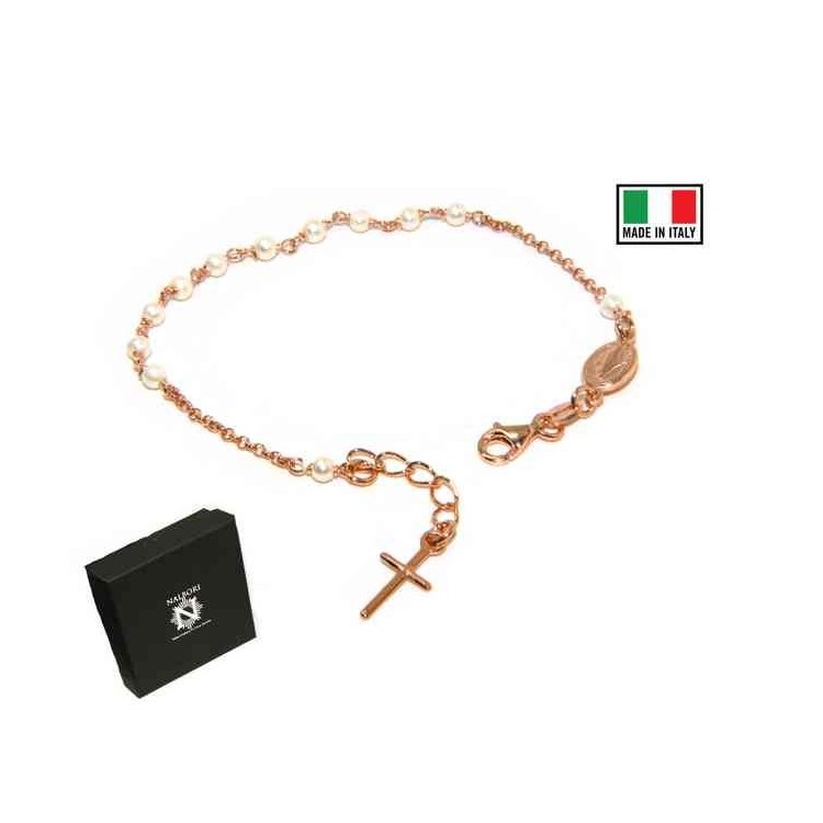 NSA|Bracciale rosario Argento 925 bagno in oro rosa con perline bianche