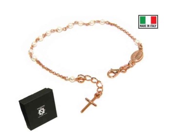 NSA|Bracciale rosario Argento 925 bagno in oro rosa con perline bianche
