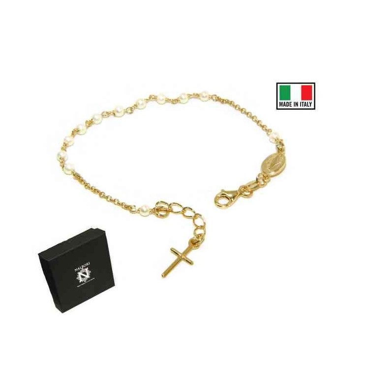 NSA|Rosary bracelet in 925 silver in yellow gold with white beads