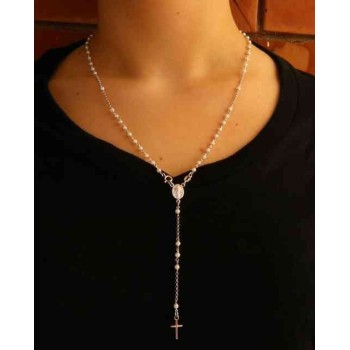 NSA|Y-shaped 925 silver rosary necklace with white pearls 55 cm white gold bath