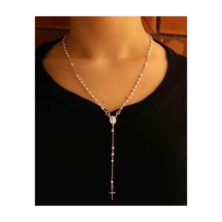NSA|Y-shaped 925 silver rosary necklace with white pearls 55 cm white gold bath