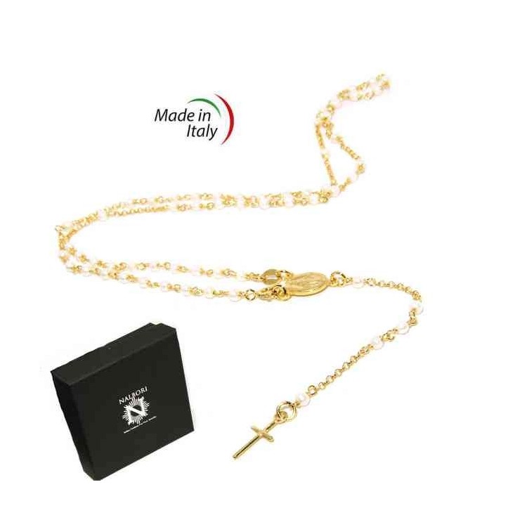 NSA|Y-shaped 925 silver rosary necklace with white pearls 55 cm Yellow gold bath