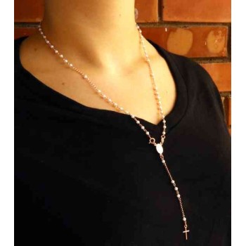 NSA|Y-shaped 925 silver rosary necklace with white pearls 55 cm rose gold bath