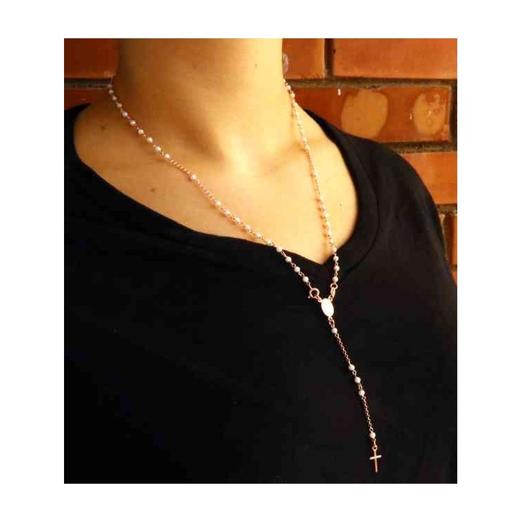 NSA|Y-shaped 925 silver rosary necklace with white pearls 55 cm rose gold bath