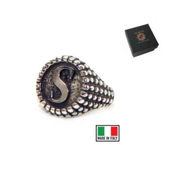 NSA|Anello pallinato argento 925 regolabile chevalier lettera S