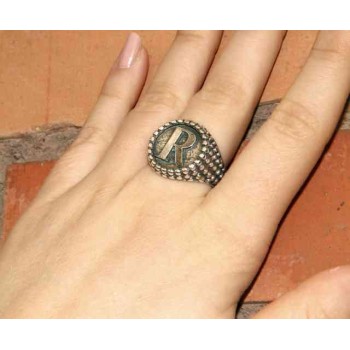 NSA|NALBORI Anello Argento 925 pallinato chevalier regolabile lettera R