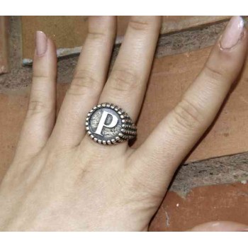 NSA|NALBORI Anello Argento 925 pallinato chevalier regolabile lettera P