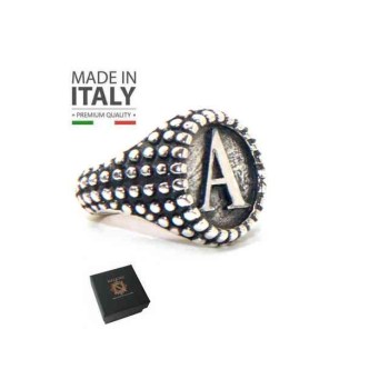 NSA|NALBORI Anello Argento 925 pallinato chevalier regolabile lettera A