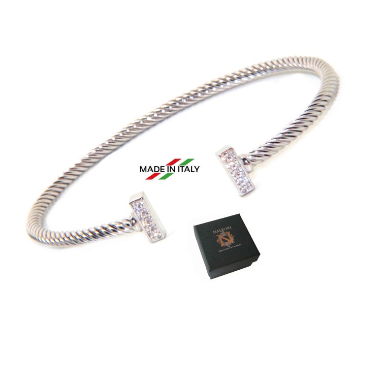 NSA|NALBORI Cable bracciale cavetto rigido aperto con barrette di zirconi