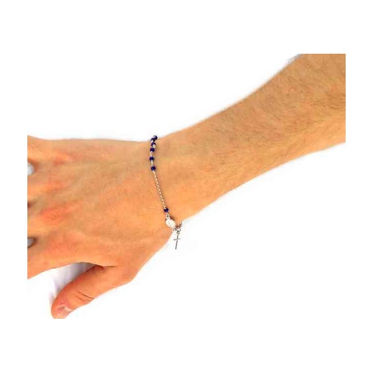 NSA|NALBORI Rosary bracelet in 925 silver oval madonna, cross and blue crystal 16.00 19.00 cm
