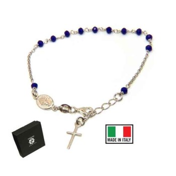 NSA|NALBORI Bracciale rosario in Argento 925 ovale madonna , croce e cristallo blu
