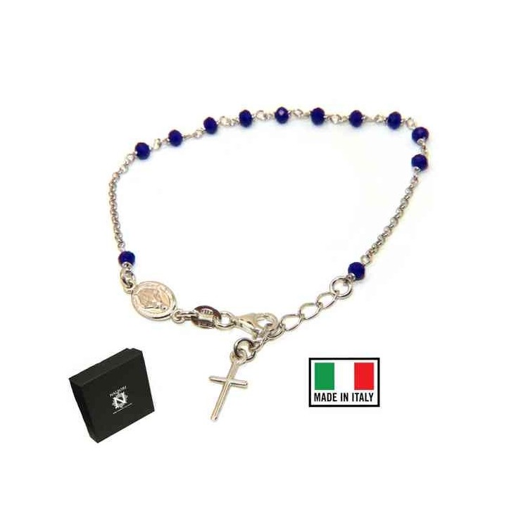 NSA|NALBORI Bracciale rosario in Argento 925 ovale madonna , croce e cristallo blu