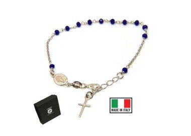 NSA|NALBORI Bracciale rosario in Argento 925 ovale madonna , croce e cristallo blu