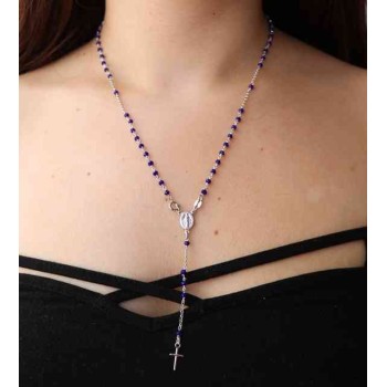 NSA|Collana Rosario Argento 925 Con cristallo blu croce madonna miracolosa 56 cm
