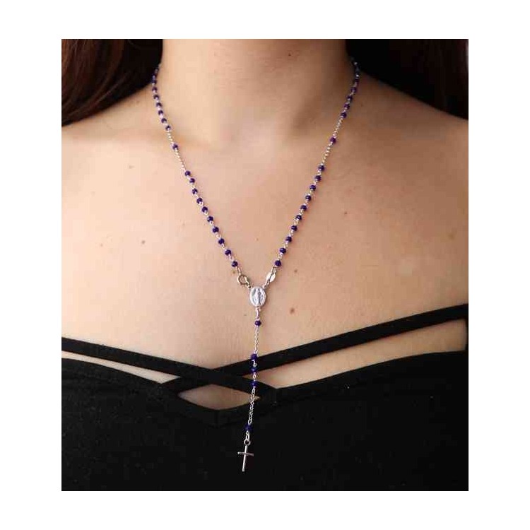 NSA|NALBORI 925 Silver Rosary Necklace With blue crystal crucified miraculous madonna 56 cm