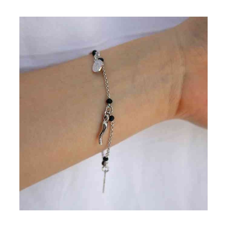 NSA|NALBORI Rosary bracelet in 925 sterling silver Madonna horn with cross black