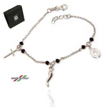NSA|NALBORI Rosary bracelet in 925 sterling silver Madonna horn with cross black