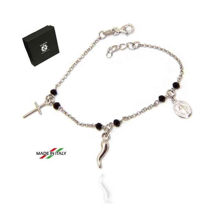 NSA|NALBORI Rosary bracelet in 925 sterling silver Madonna horn with cross black