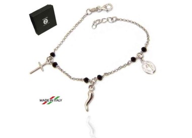 NSA|NALBORI Bracciale rosario in Argento 925 madonna cornetto croce nero