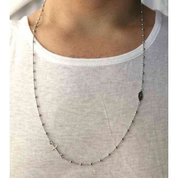 NSA|Rosary necklace in 925 rhodium silver, 3 mm long balls, miraculous madonna cross