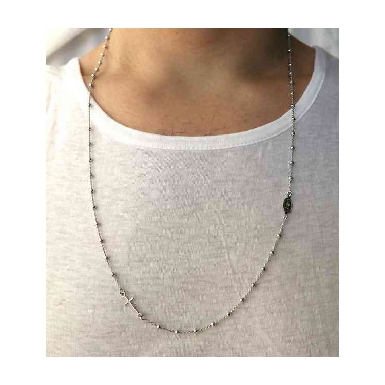 NSA|Rosary necklace in 925 rhodium silver, 3 mm long balls, miraculous madonna cross