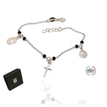 NSA|Rosary bracelet 925 silver black crystal angel cross madonna pendant
