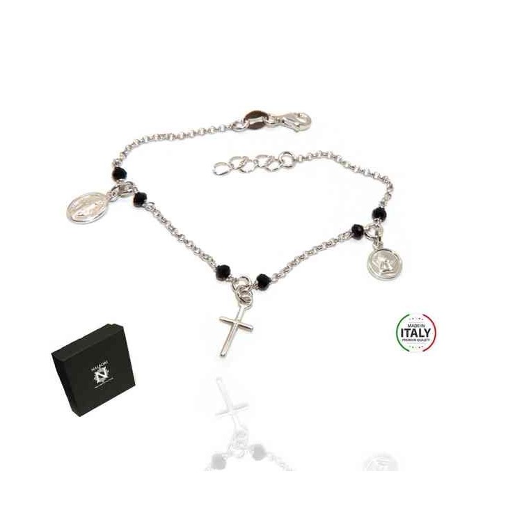 NSA|Rosary bracelet 925 silver black crystal angel cross madonna pendant