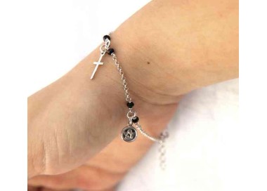 NSA|Bracciale rosario Argento 925 cristallo nero ciondoli croce angelo madonna NALBORI