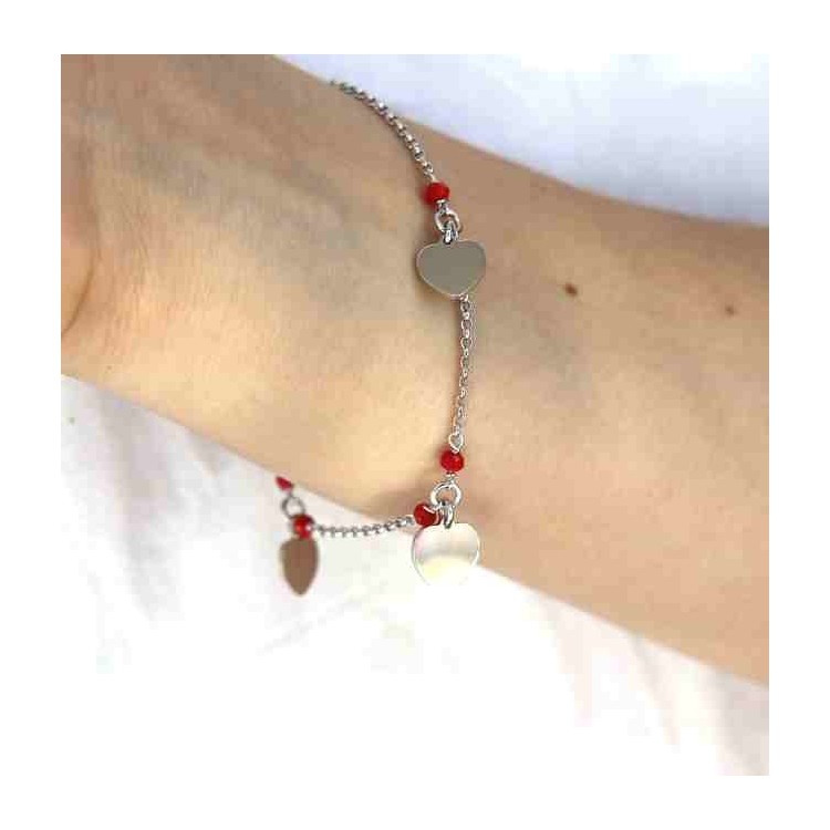 NSA|925 silver women's bracelet with red crystal, heart pendants