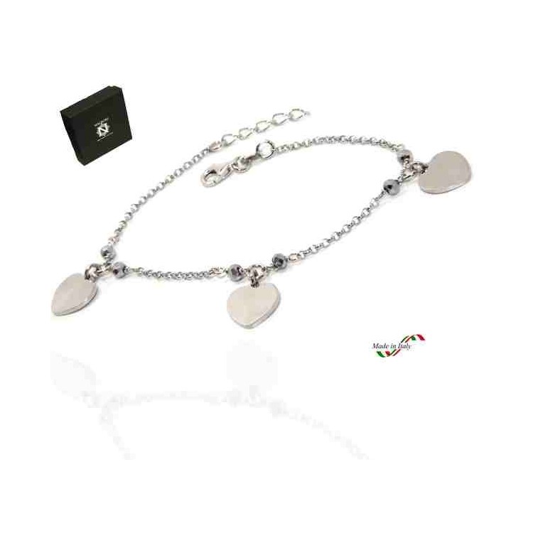 NSA|925 silver women's bracelet with heart pendants, hematite crystal