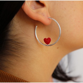 NSA|orecchini argento 925 a cerchio con cuore smaltato 3,5 cm di NALBORI rosso