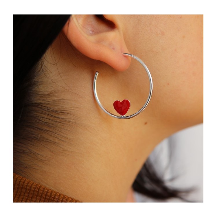 NSA|925 silver hoop earrings with enameled heart 3.5 cm nalbori