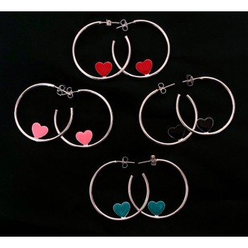 NSA|925 silver hoop earrings with enameled heart 3.5 cm nalbori
