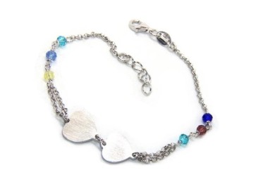 NSA|Bracciale uomo donna Argento 925  lavorazione a rosario cristallo con doppio cuore satinato  17