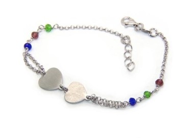 NSA|Bracciale uomo donna Argento 925  lavorazione a rosario cristallo con doppio cuore satinato  17