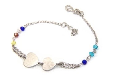 NSA|Bracciale uomo donna Argento 925  lavorazione a rosario cristallo con doppio cuore satinato  17